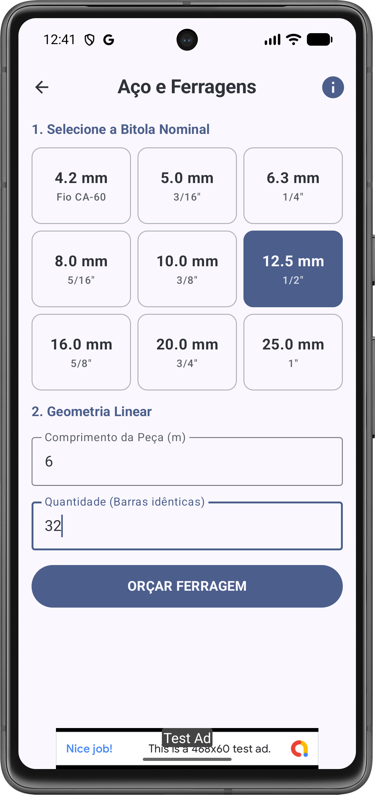 Tela de Configuração de Aço