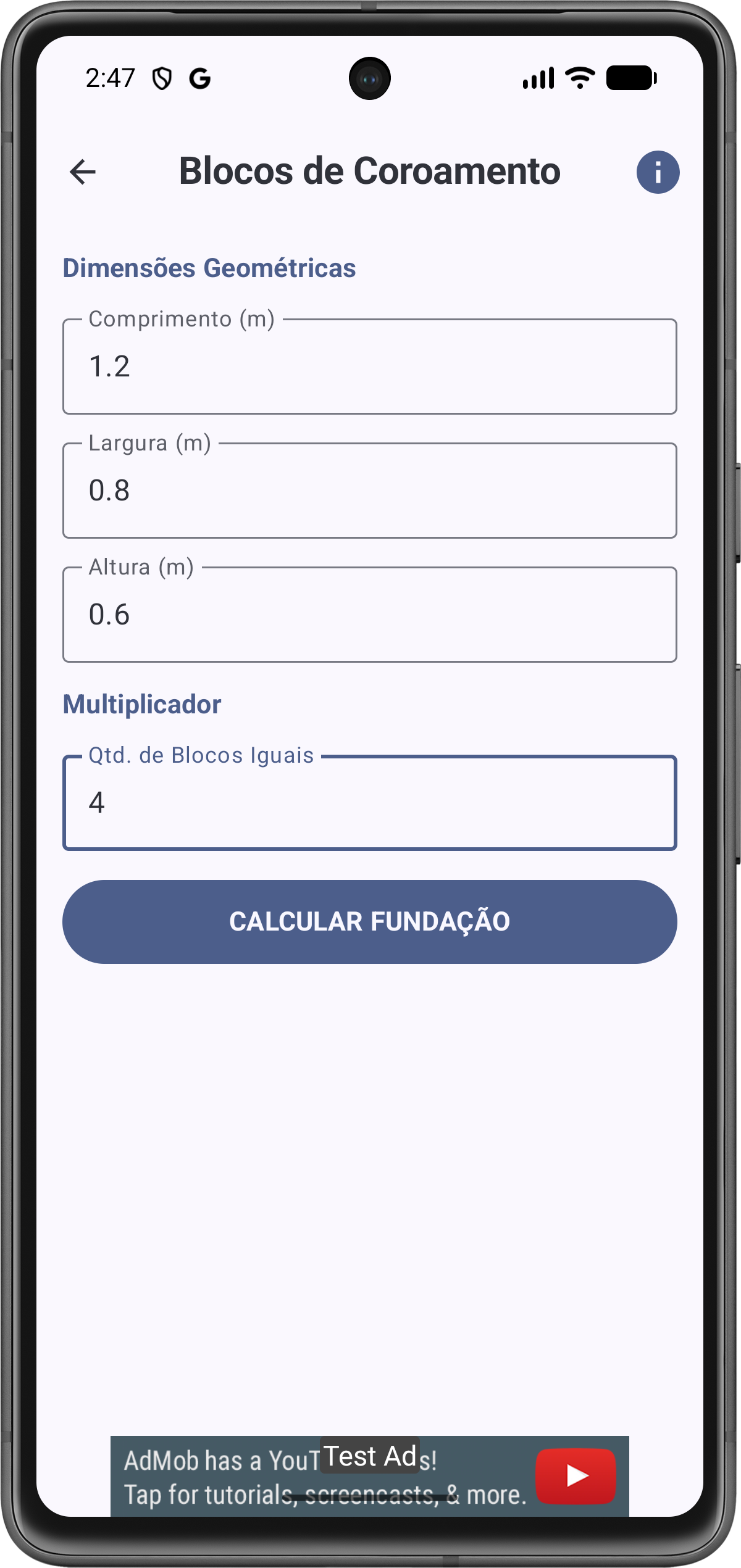 Tela de Configuração de Bloco de Coroamento