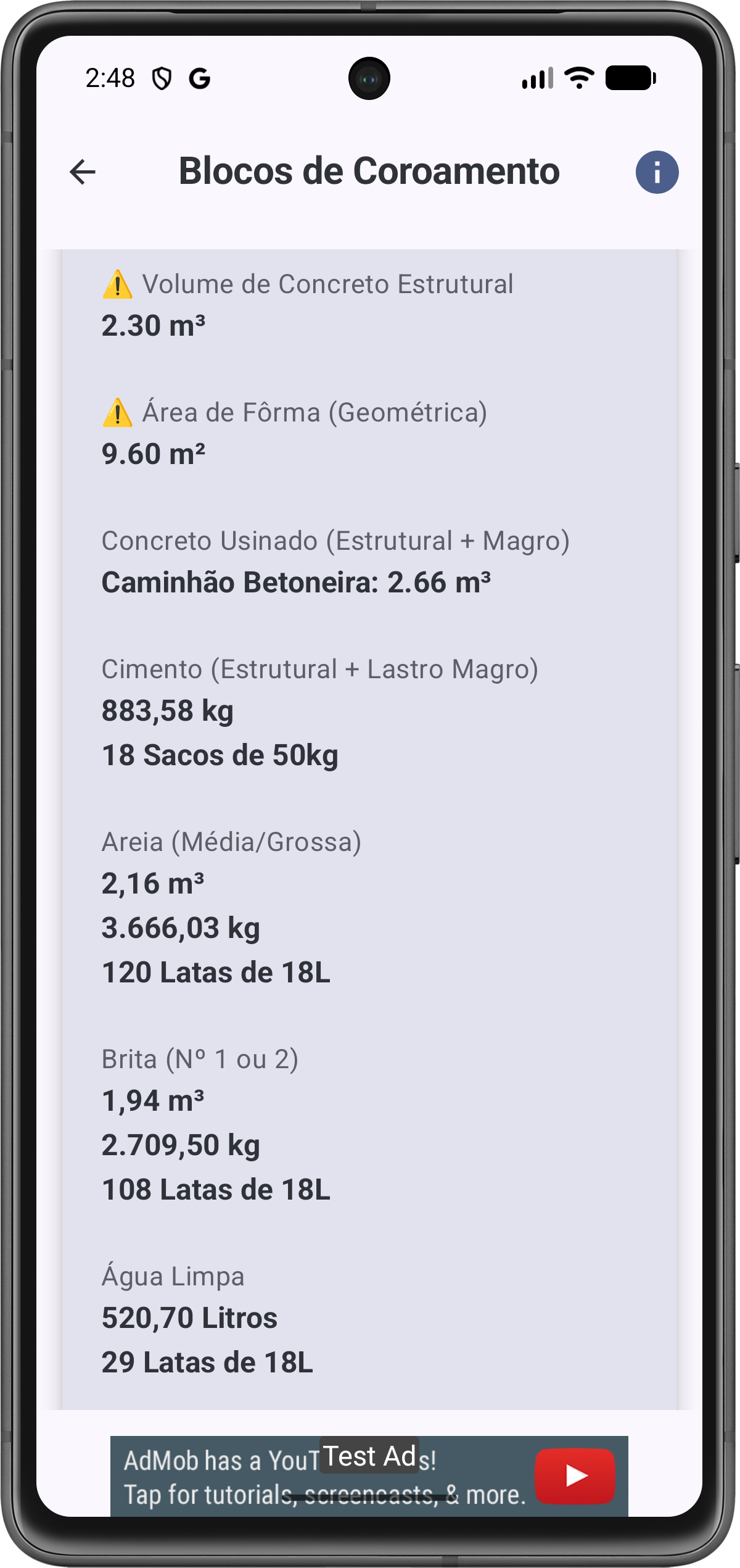 Tela de Resultados de Bloco de Coroamento