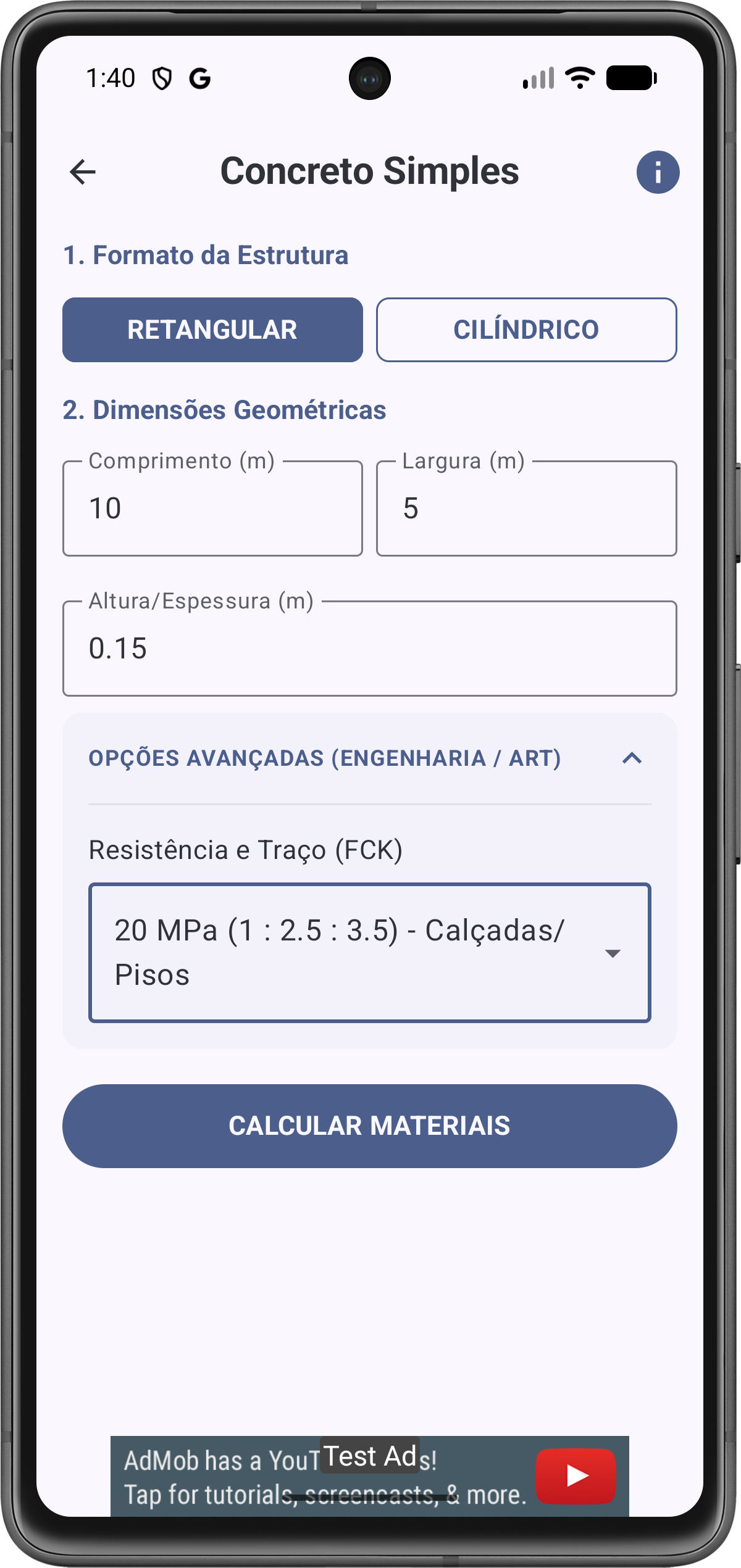 Tela de Configuração de Concreto