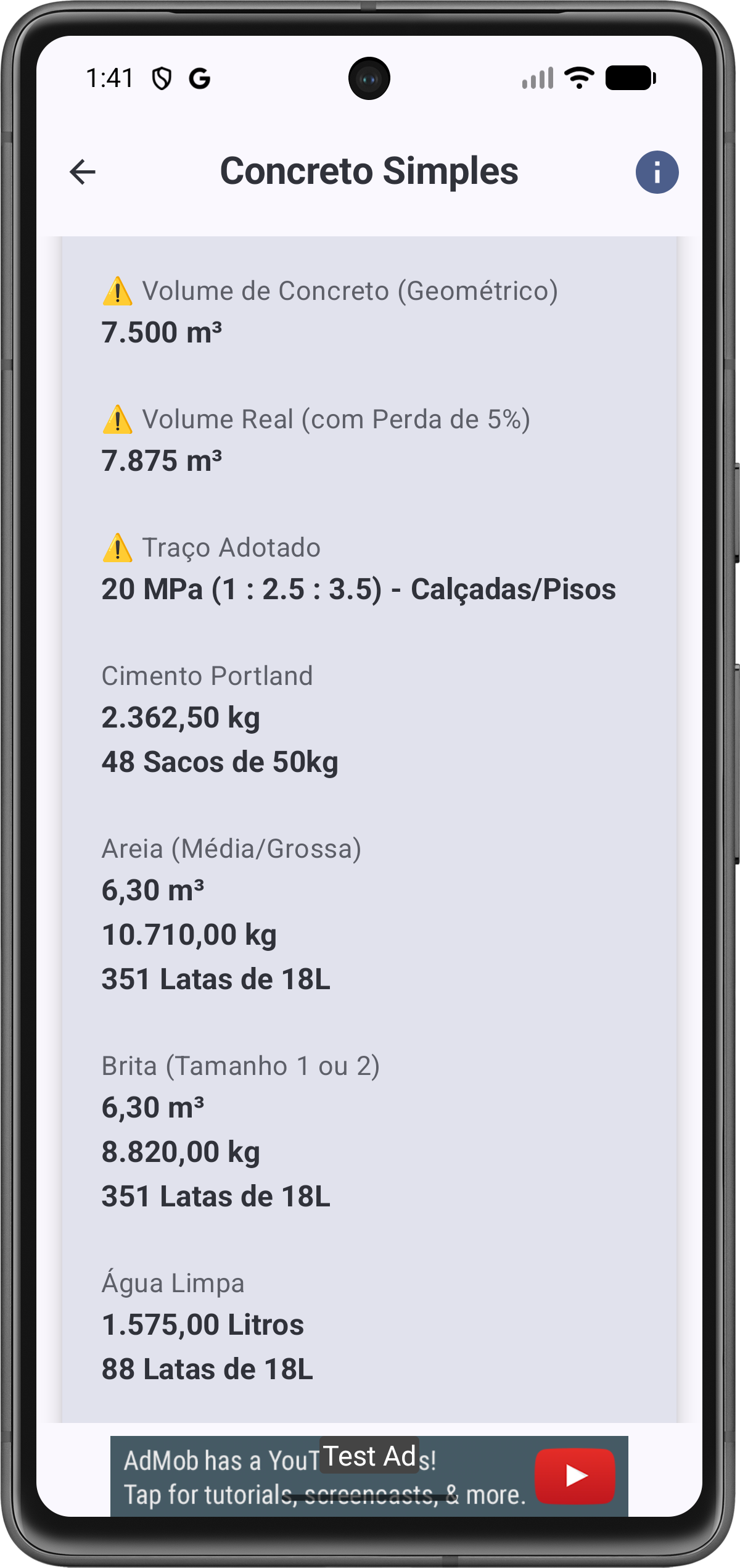 Tela de Resultados de Concreto