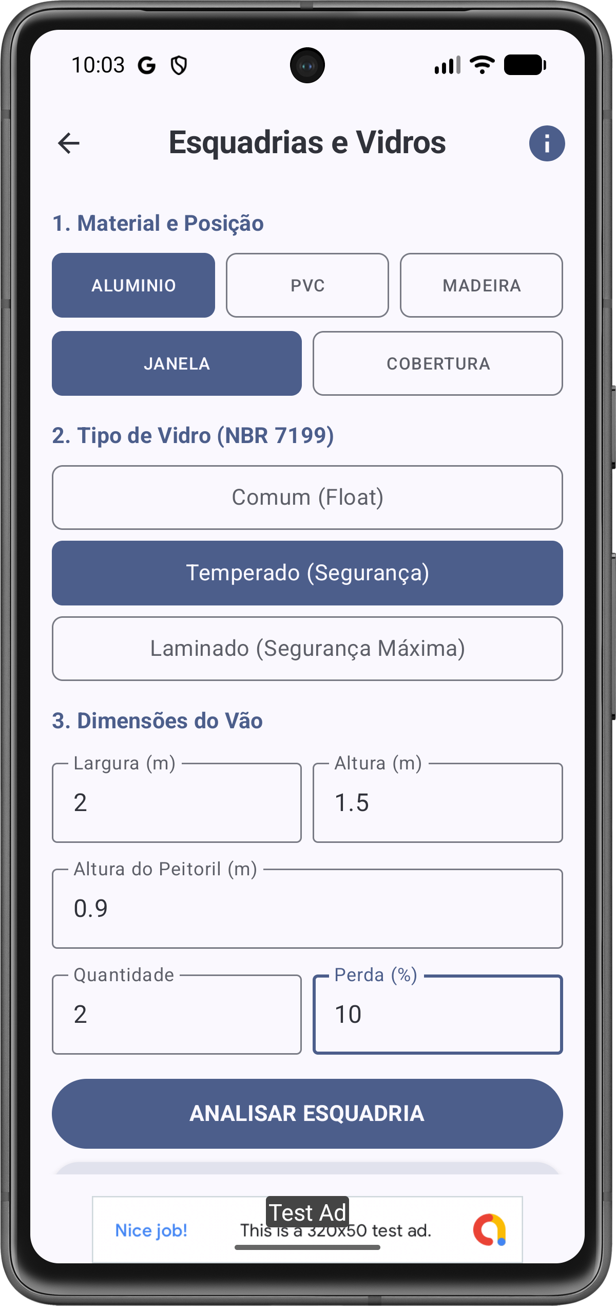 Tela de Configuração de Esquadrias