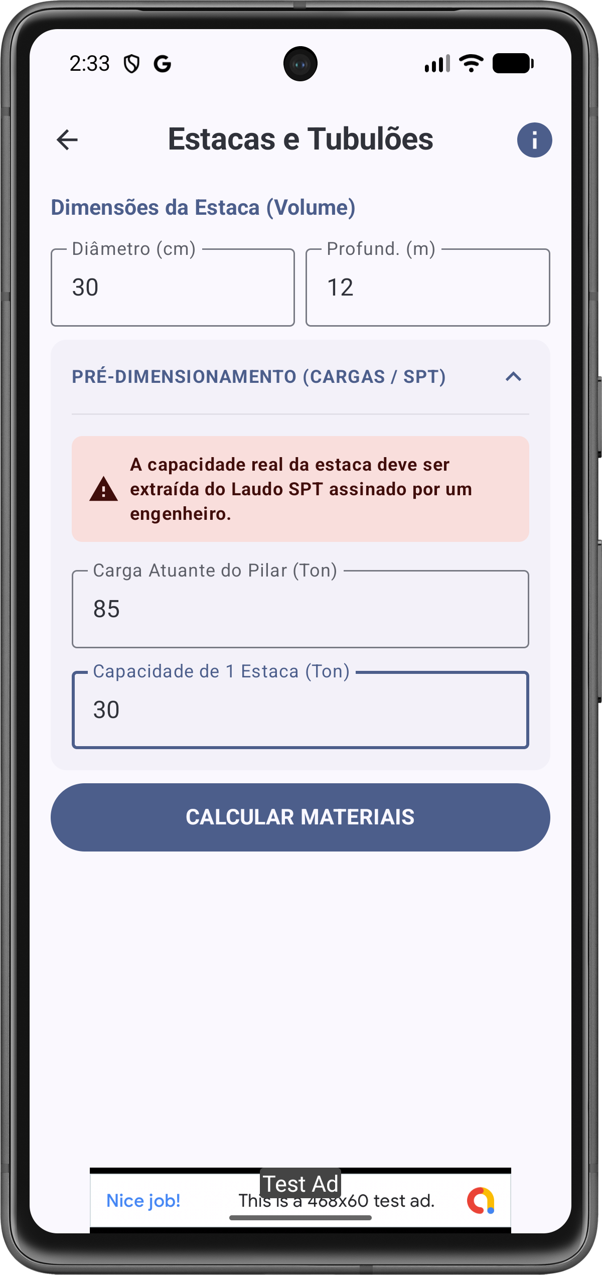 Tela de Configuração de Estacas