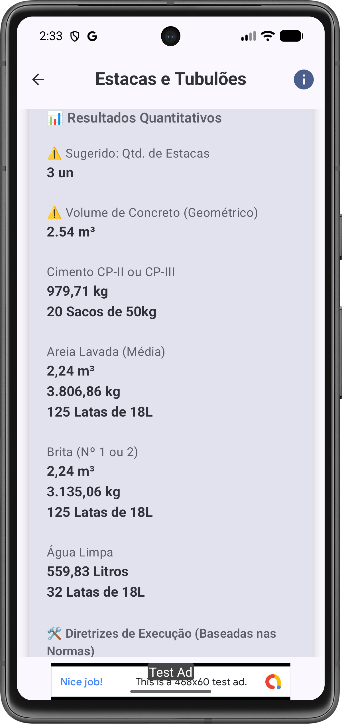 Tela de Resultados de Estacas