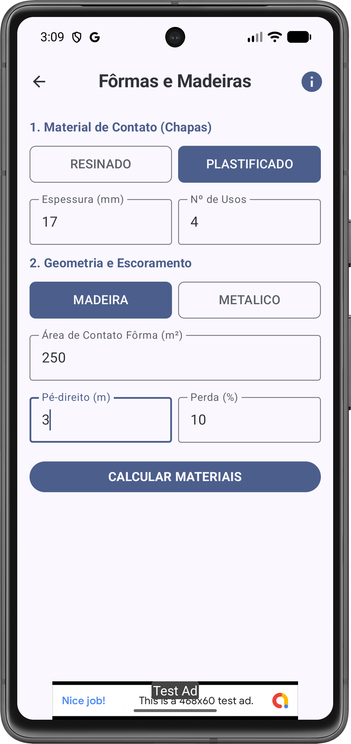 Tela de Configuração de Fôrmas