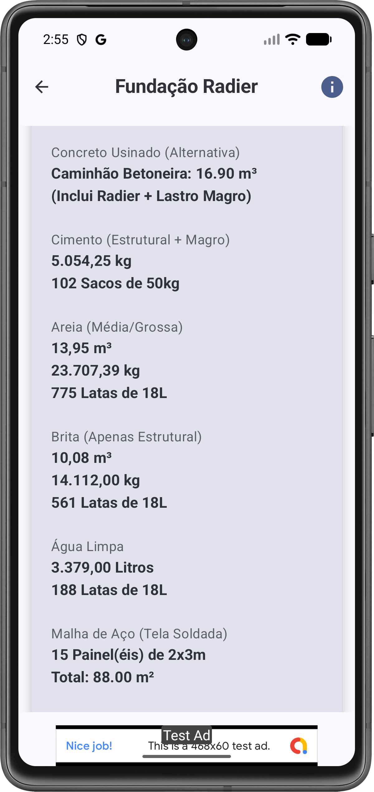 Tela de Resultados de Radier
