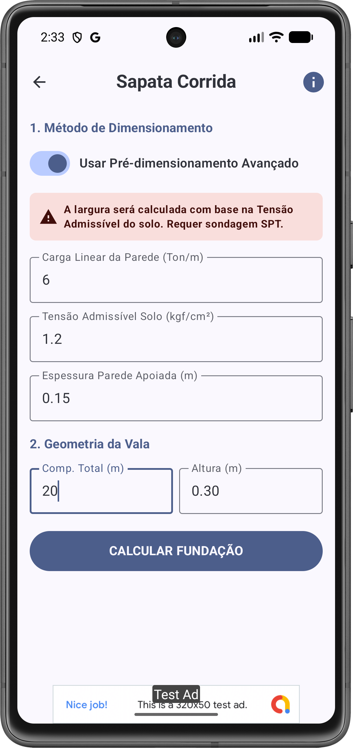 Tela de Configuração de Sapata Corrida