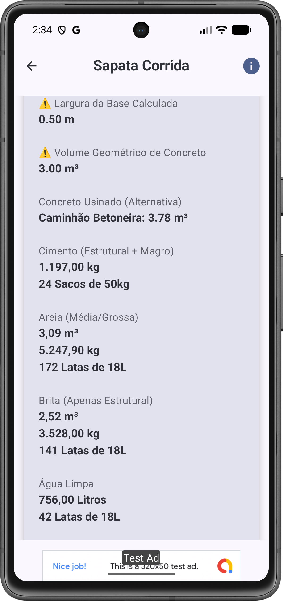 Tela de Resultados de Sapata Corrida