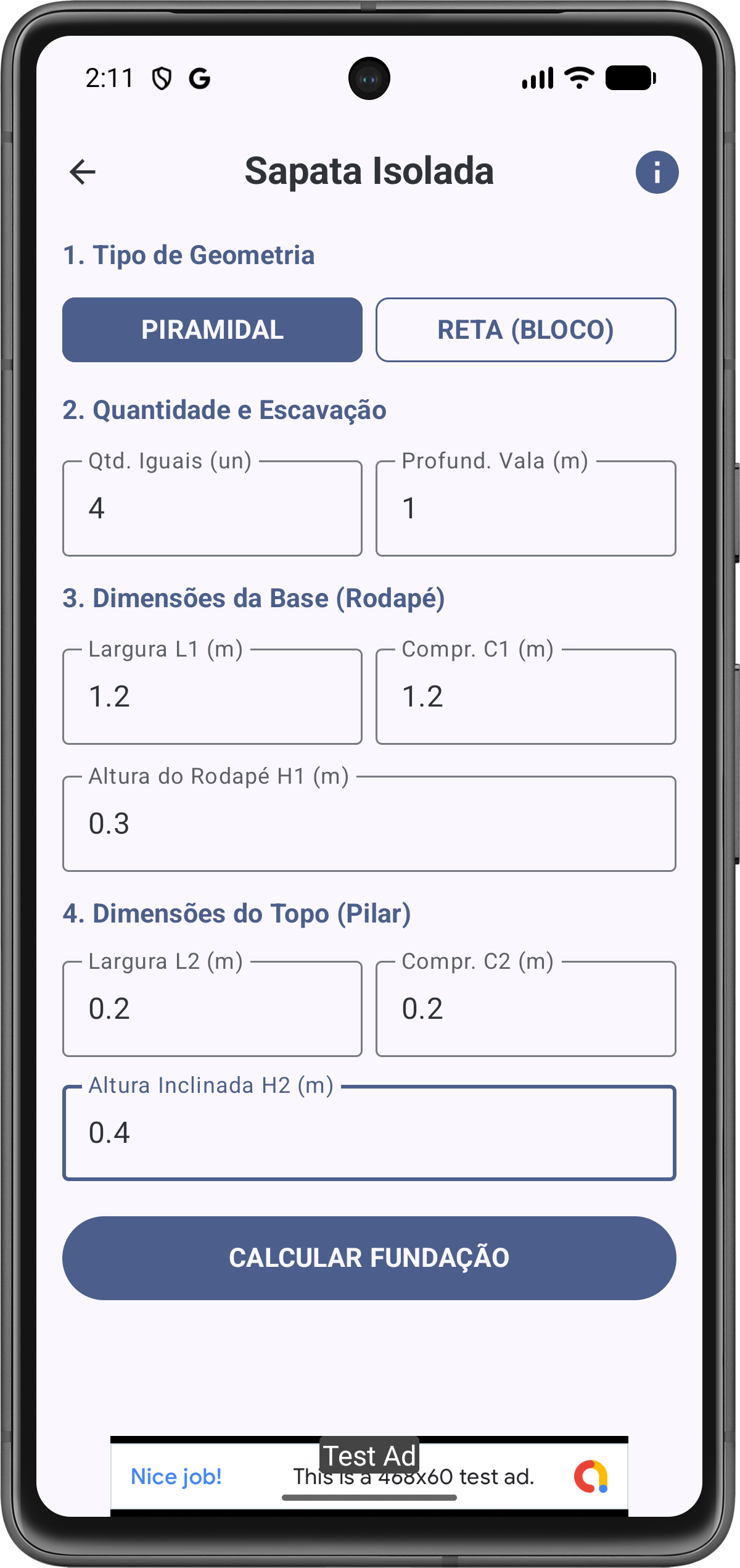 Tela de Configuração de Sapata