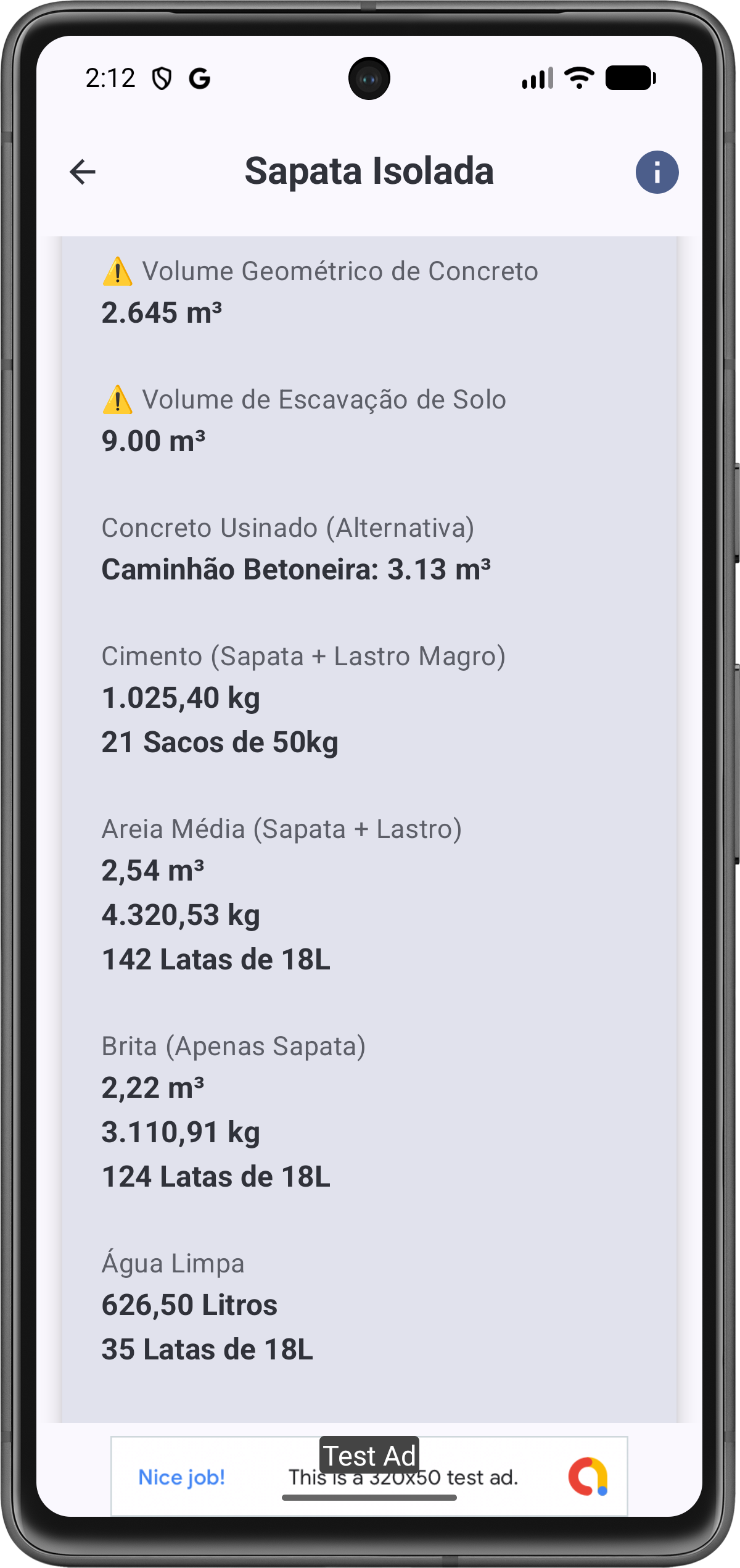 Tela de Resultados de Sapata