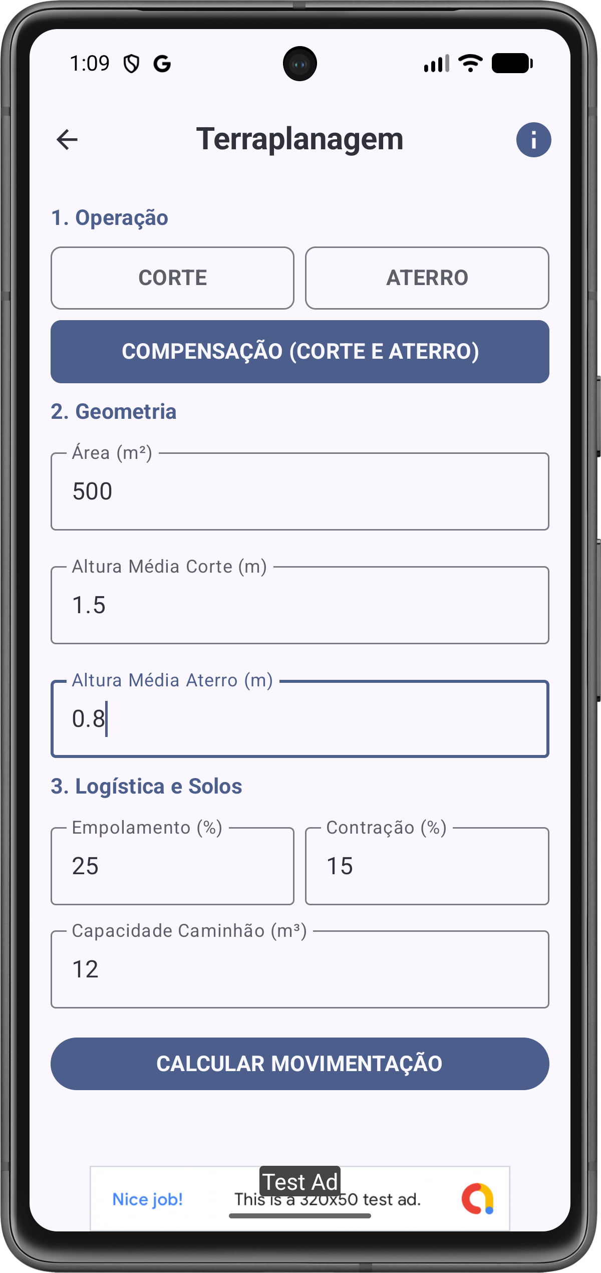 Tela de Configuração de Terraplanagem
