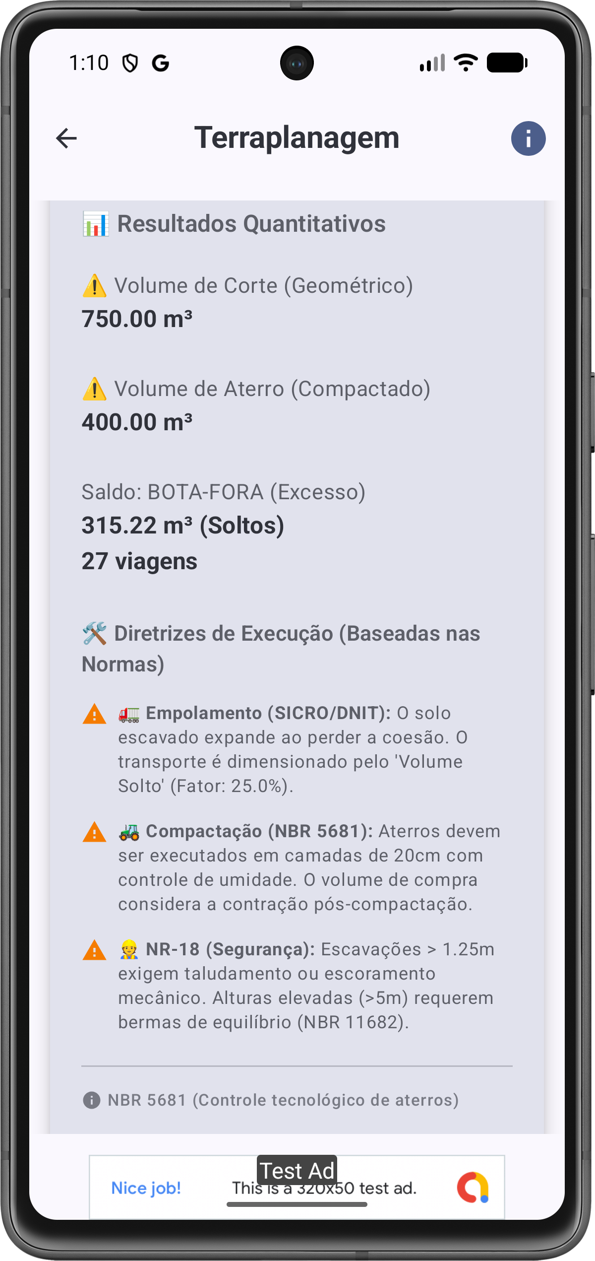 Tela de Resultados de Terraplanagem